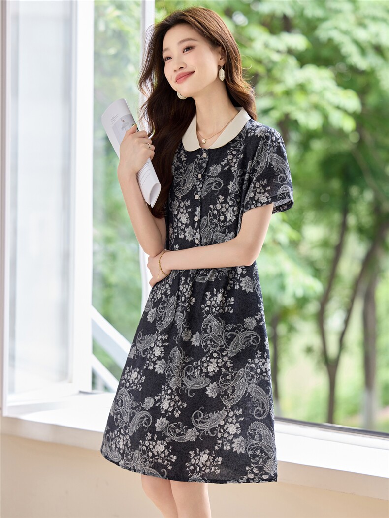 时尚撞色翻领印花连衣裙女2026夏新款宽松显瘦复古气质休闲衬衫裙,女装连衣裙,简韵佳