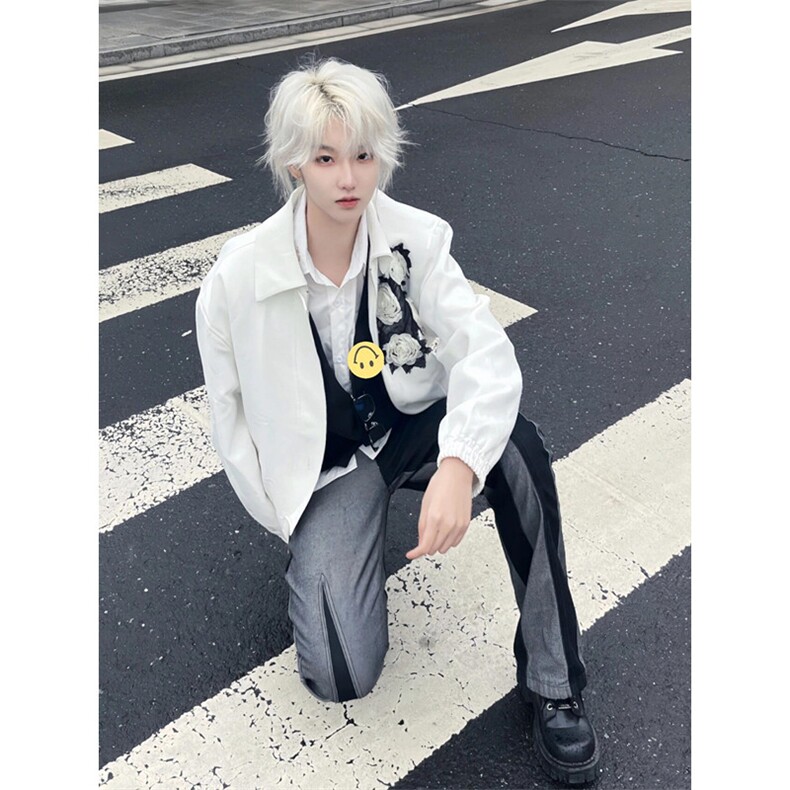 黑色纱网玫瑰花垫肩外套男潮月光白夹克cleanfit巴洛克西服 J05图片