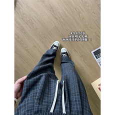 XK468-P35灰色格子裤男夏季薄款慵懒松弛感美式休闲阔腿直筒裤，男装休闲裤，电商A178