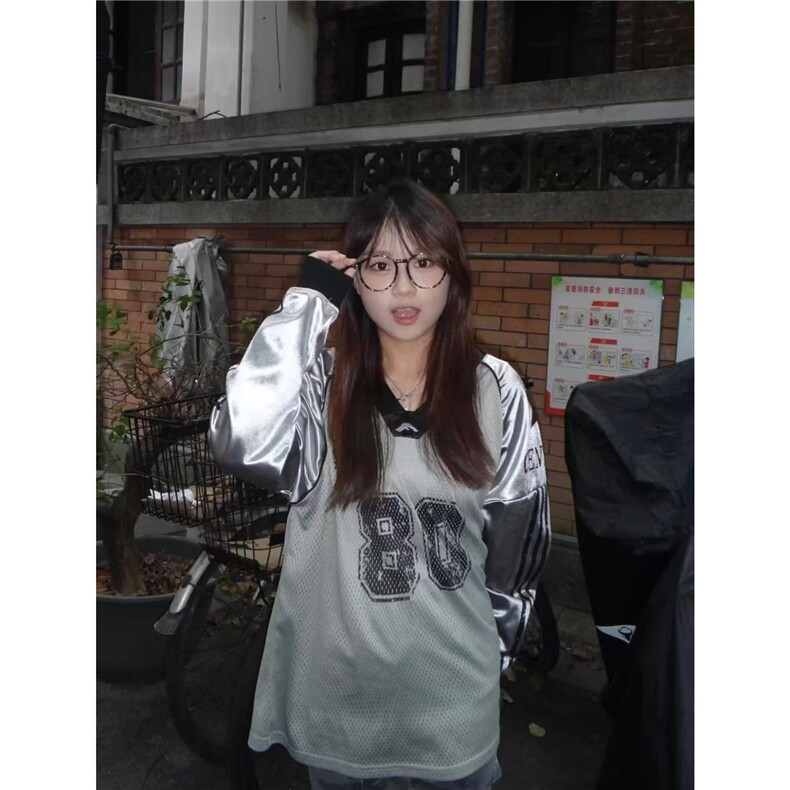 美式复古运动球衣长袖T恤男女宽松拼接字母印花网眼透气街舞衣服,女装T恤,星座506A