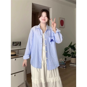 美式条纹衬衫女夏季新款小狗刺绣蓝色衬衣宽松防晒外套多巴胺上衣图片