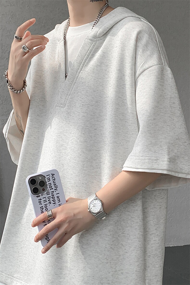 8XL-M假两件短袖卫衣连帽t恤男夏季薄款宽松大码学生半袖DT007P48,男装T恤,电商B312