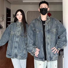 W9402-P80网图现货新款美式复古宽松水洗做旧牛仔外套立领夹克，男装工装外套，星座1608-2