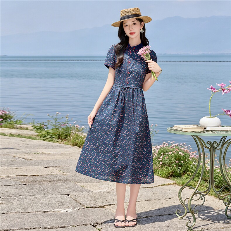 田园风斜领碎花刺绣连衣裙女春夏收腰显瘦中长裙（细节图颜色为）,女装连衣裙,水衣源