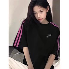 抖音得物品质二开240克宽松纯棉美式潮牌印花三条杠中性风短袖T恤，男装T恤，电商A486