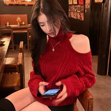 2025年秋季时尚百搭通勤简约休闲阿兰花路肩高反，女装羊毛衫，旭驰羊绒