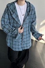 廓形防晒衬衫男夏季长袖冰丝薄款亚麻格子衬衣开衫外套CS29006P50，男装衬衫，电商B312
