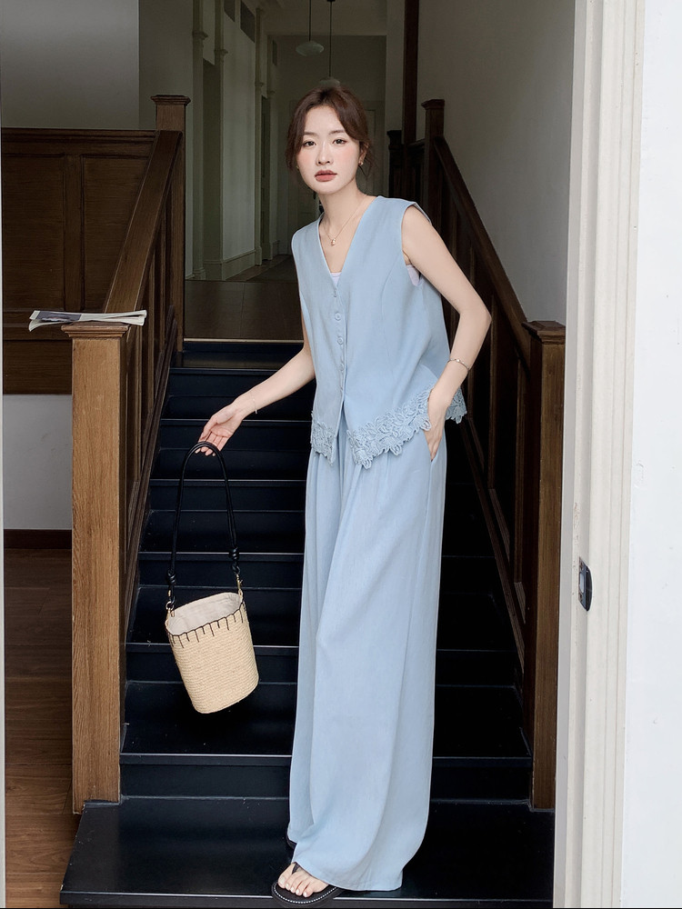 2026夏季新款高级感蕾丝拼接无袖马甲阔腿裤套装女显瘦气质两件套,女装套装/套裙,霓裳依族