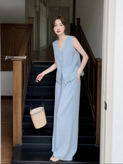 2026夏季新款高级感蕾丝拼接无袖马甲阔腿裤套装女显瘦气质两件套，女装套装/套裙，霓裳依族