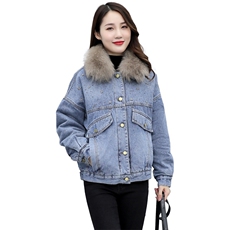 冬季加绒烫钻时尚翻领口袋单排扣女装牛仔外套配狐狸毛毛领，女装短外套，微微衣阁