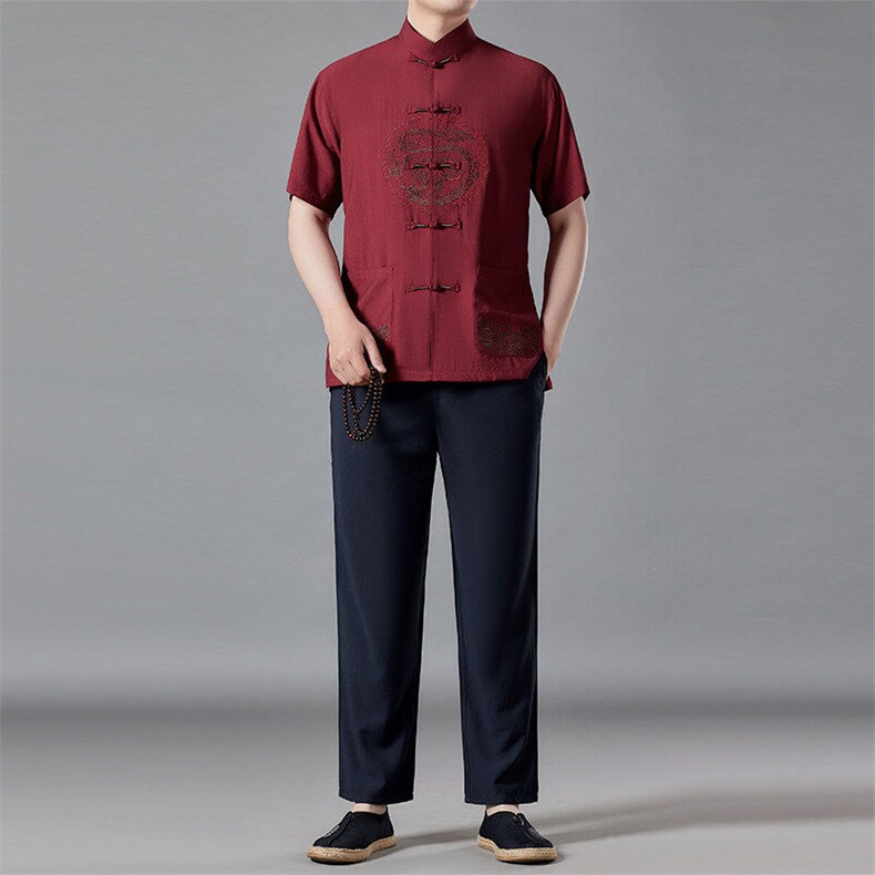 风高品质刺绣提花唐装男装夏季透气中老年人中式汉服爸爸套装,男装休闲套装,钱塘6003（原4033）