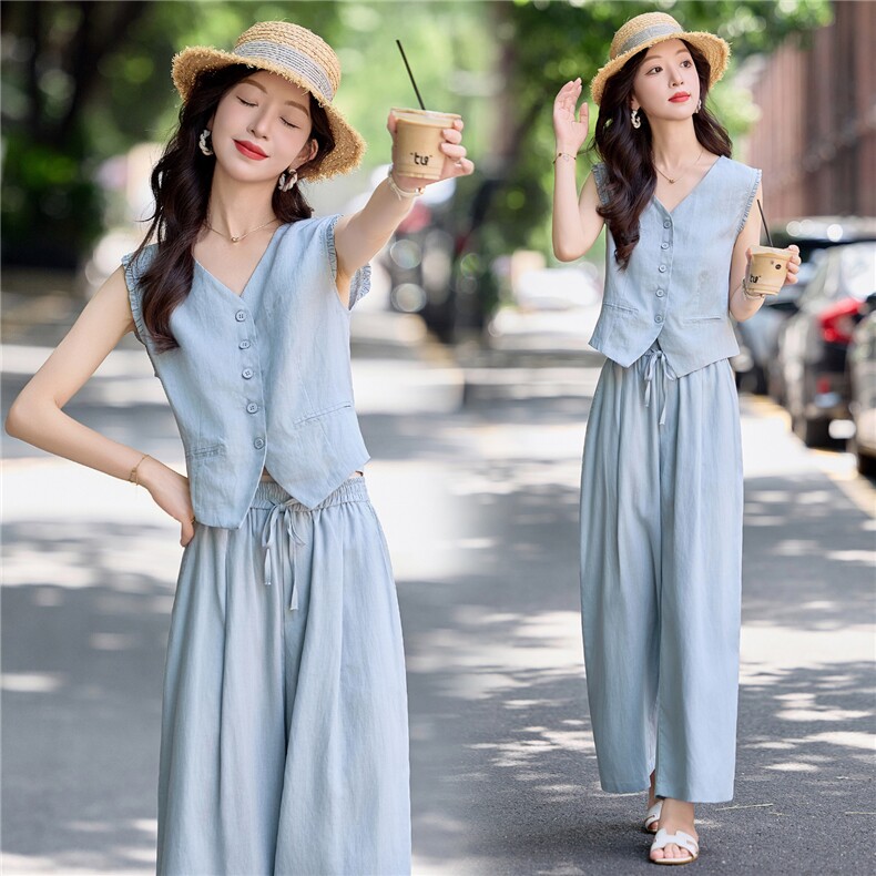现货。老钱风薄料亚麻阔腿裤两件套2025新款时尚气质无袖马甲套装，女装套装/套裙，E百度