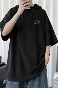 LD54238-P45 连帽短袖t恤男大码胖子带帽五分袖中袖图片
