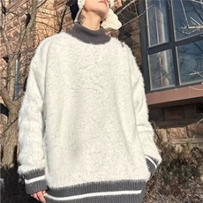 半高领拼接条纹毛衣男女冬季ins潮牌宽松高级感毛茸茸针织衫长袖，男装针织衫/毛衣，星座601-1