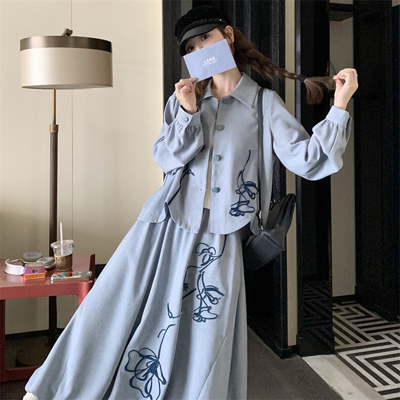 新中式穿搭蓝色衬衫套装女秋季新款独特好看设计半身裙国风两件套,女装连衣裙,2C372