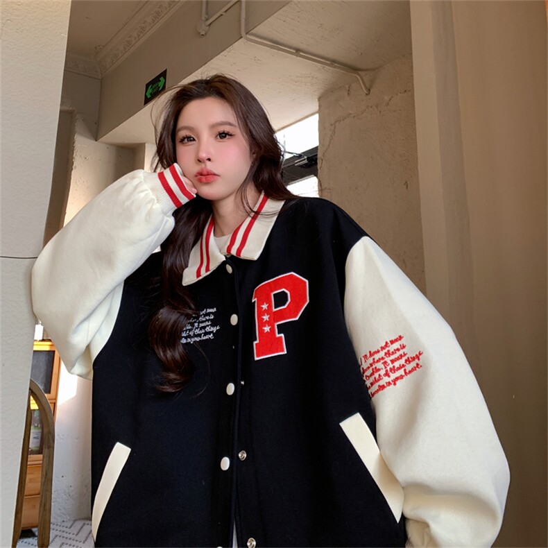 春秋新款美式复古宽松撞色外套女夹克上衣棒球服潮C453-P90图片