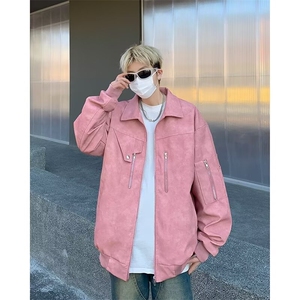 粉色复古机车麂皮绒男春秋新款男生短款外套 HT19 P80图片