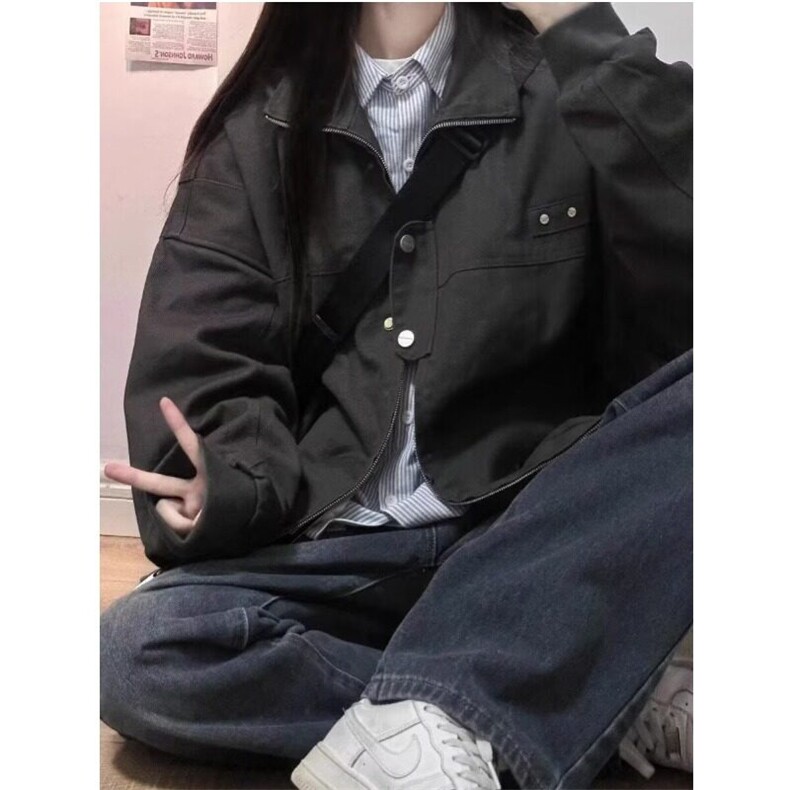 春秋美式复古飞行立领男女夹克纯色情侣棒球服底特律工装街头外套,男装夹克,星座506A