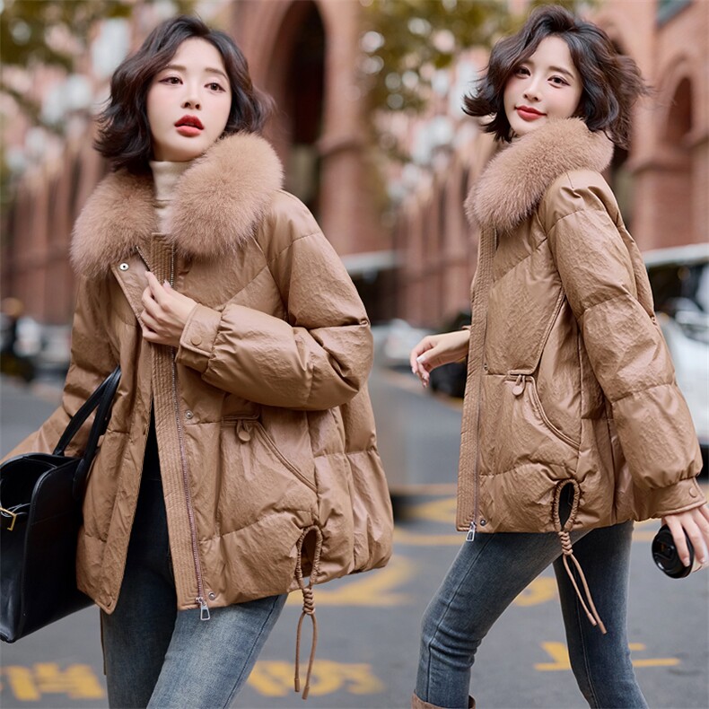 2024冬季女装新款时尚百搭可脱卸配色真毛领百鸭绒皮羽绒服，女装羽绒服，缘衣格