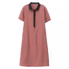 2023夏装新款拼色中长款宽松棉麻短袖连衣裙POLO领休闲风，女装连衣裙，伊满意