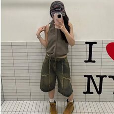 休闲美式复古做旧废土风毛边流苏水洗牛仔短裤男女休闲百搭七分裤，男装牛仔裤，星座506A