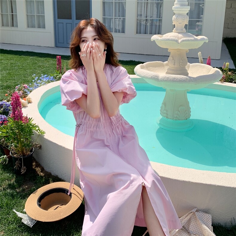 高级感时尚气质名媛粉色泡泡袖长裙夏季新款休闲显瘦减龄连衣裙女,女装连衣裙,帛锦泉
