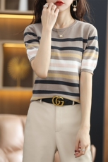 时尚条纹显瘦慵懒风休闲针织短袖女款毛衣，女装针织衫/毛衣，凝珊羊绒