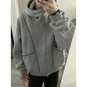 抖音得物高品质秋冬美式高街重磅结构辑明线纹理连帽卫衣外套W111