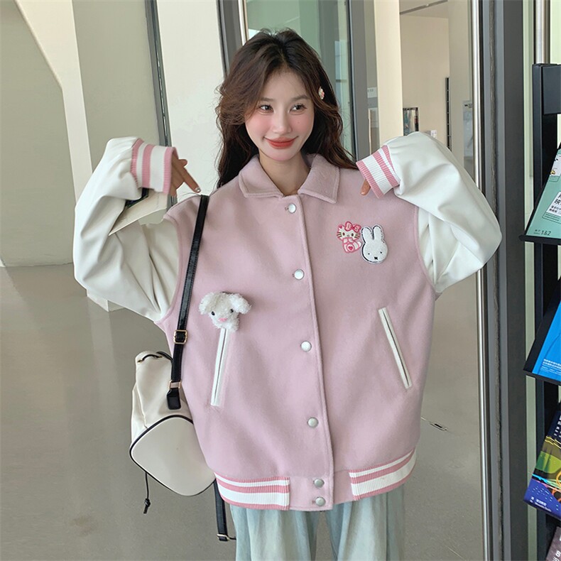 小众设计感立体撞色粉色棒球服女春秋季宽松多巴胺学院风可爱外套,女装毛呢外套,天使之佳话