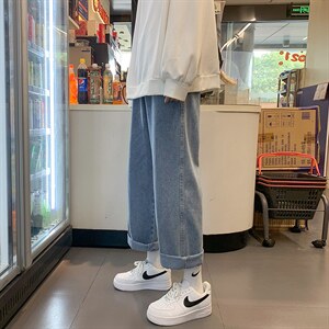 男装四季款宽松直筒百搭纯色抽绳松紧腰牛仔裤现货D201-DM82-P45图片