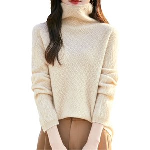 100%纯羊毛衫女一线成衣堆堆领菱形提花针织毛衣加厚宽松羊绒打底图片