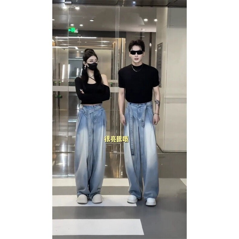 W9902-P53网图现货美式渐变水洗腰带牛仔裤潮牌宽松弯刀休闲裤,男装牛仔裤,星座1608-2