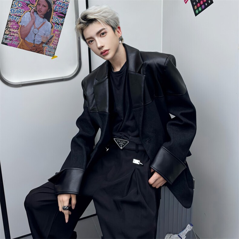 (图现货）pu皮牛仔拼接小众西服秋冬季廓形外套2622-P115，男装西服，星座910-5