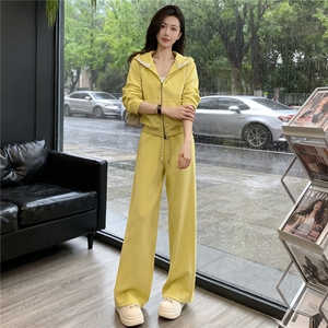 休闲运动套装女春季新款纯色拉链开衫卫衣抽绳阔腿长裤显瘦两件套图片