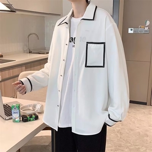 港风长袖衬衫男夏季潮牌痞帅气白色五分半袖上衣工装衬衣图片