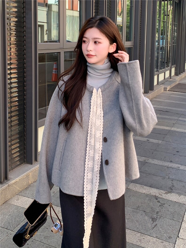 现货主推款2026早春蝴蝶结圆领双面羊毛呢小个子女短双色羊毛外套,女装双面呢大衣,丝露依尚（原SL）