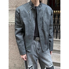 美式复古做旧高街垫肩pu皮衣外套街头机车服立领夹克JKT88特P83，男装夹克，星座908-1