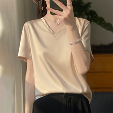 缎面短袖上衣女夏2024新款潮宽松时尚气质纯色衬衫，女装衬衫，绒宛羊绒