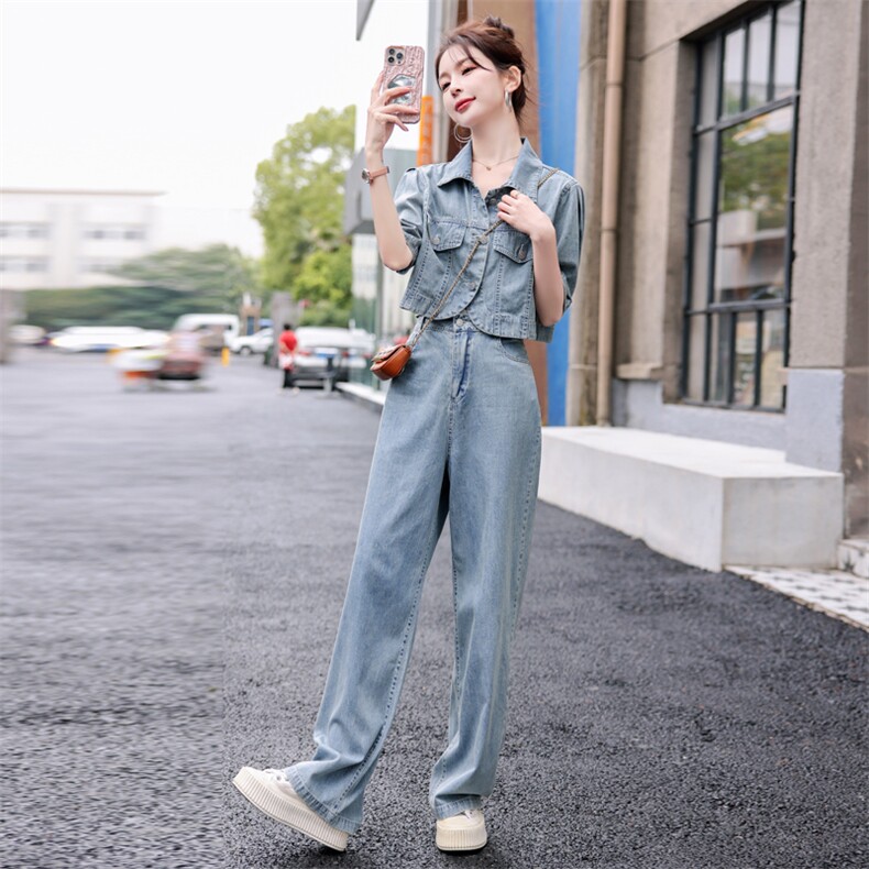 2024年夏款薄款上衣直筒大脚长裤子套装外套牛仔时尚气质两件套，女装套装/套裙，瑶迪