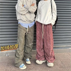 秋灯芯绒阔腿伞兵裤男潮牌宽松直筒美式字母印花休闲裤子 KB4519图片