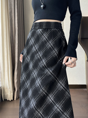 格子半身裙女新款秋冬复古毛呢高腰宽松显瘦中长款a字伞裙子，女装半身裙，云美莎专业女裤-全店现货