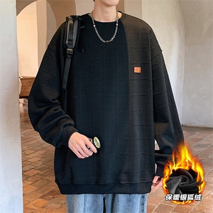 2025冬装圆领加绒卫衣格子大码男纹理提花 W678J/特P35 黑色图片