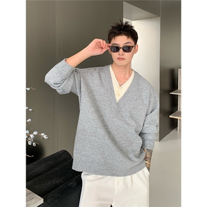撞色假两件春秋新款宽松慵懒套头薄款设计感针织衫长袖上衣图片