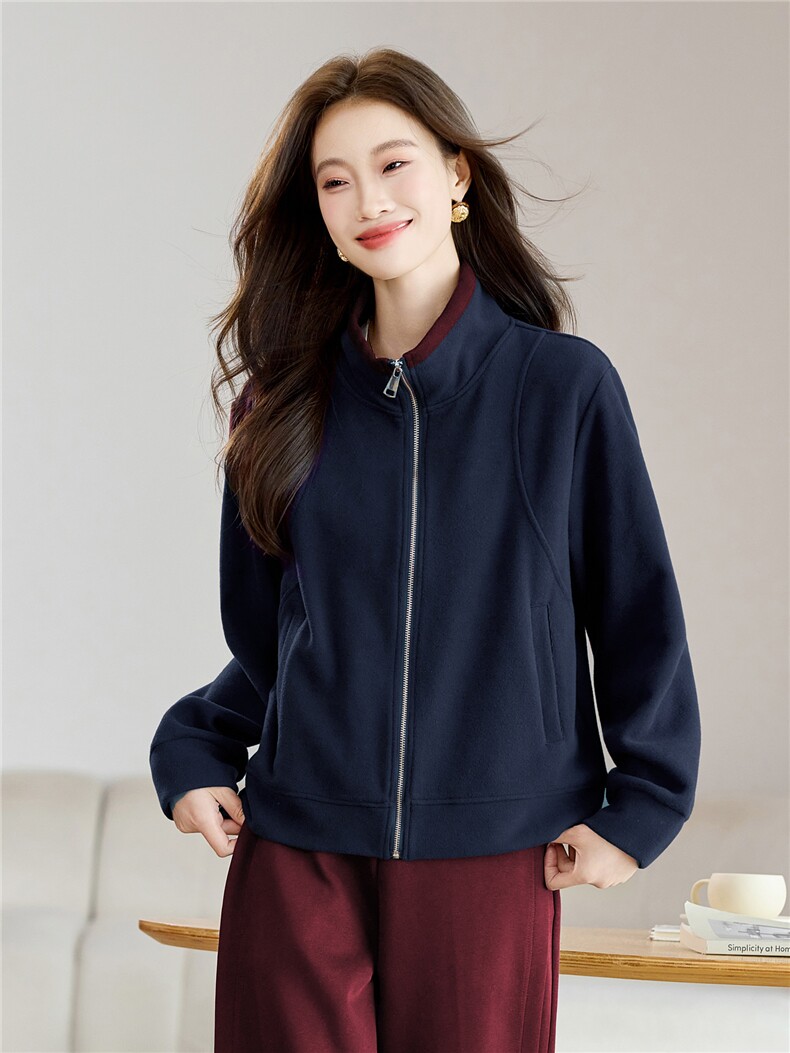 长期有货时尚拼色立领开衫卫衣短款外套女2026春秋休闲运动服上衣,女装卫衣/绒衫,璐依舞