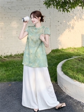 夏季复古风两件套宽松型印花透气时尚潮流，女装套装/套裙，诺蝶