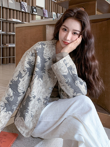 新中式复古水墨印花轻国风短款外套女设计感2025开春碎花迷彩夹克图片