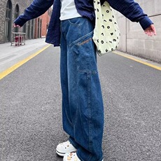 秋冬新款蓝色美式工装裤子复古设计感大口袋弯刀拖地阔腿牛仔裤女，男装牛仔裤，星座1210-1