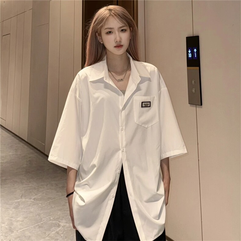 白色冰丝短袖衬衫男高级感痞帅学院风情侣衬衣夏季防晒休闲薄外套,男装T恤,星座1213
