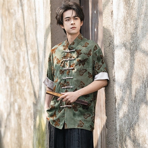 夏季新品（蝴蝶）风潮中式扎染植绒印花盘扣立领短袖唐装图片