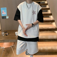直播美式麂皮绒宽松背心无袖t恤短裤大码两件套套装TZ05-P58，男装T恤，电商A486